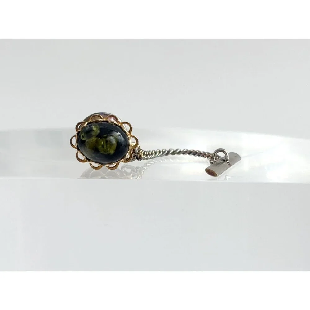 Faux Green Stone Scalloped Edging Silver Toned Vintage Men's Tie Tack